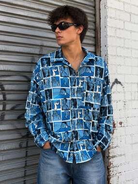 Vintage Platinum FUBU Fat Albert Cartoon Print Button Up Shirt Y2K L
